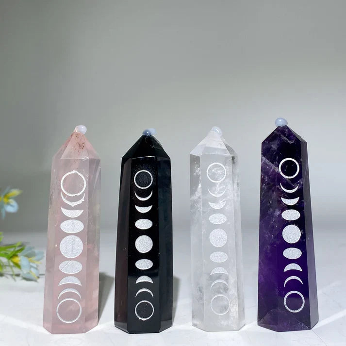 3.0" Crystal Point with Moon Printing Crystal Healing Bulk Wholesale